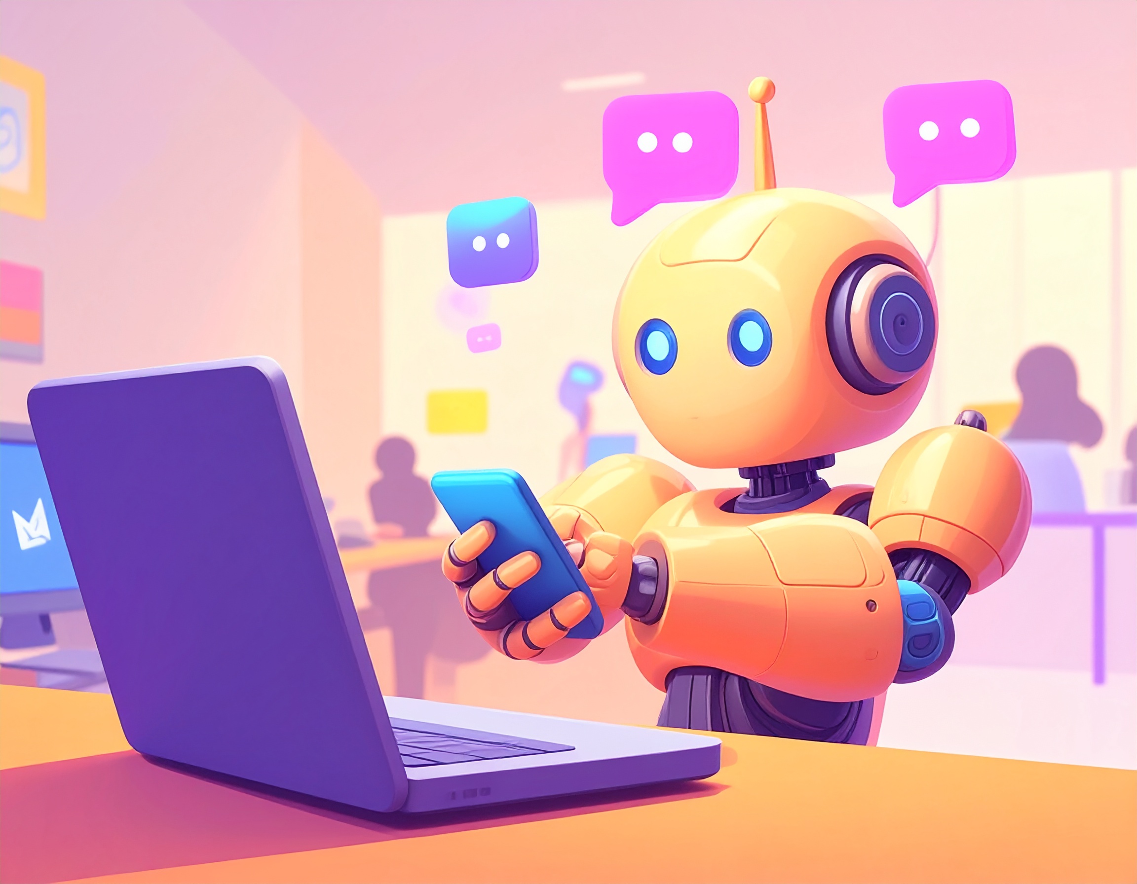 firefly_generate-an-image-that-shows-a-ai-bot-who-is-in-front-of-a-laptop-handling-multiple-e-3070 Why 24-7 AI Bots Are Vital for E-commerce Success | Beam Automation