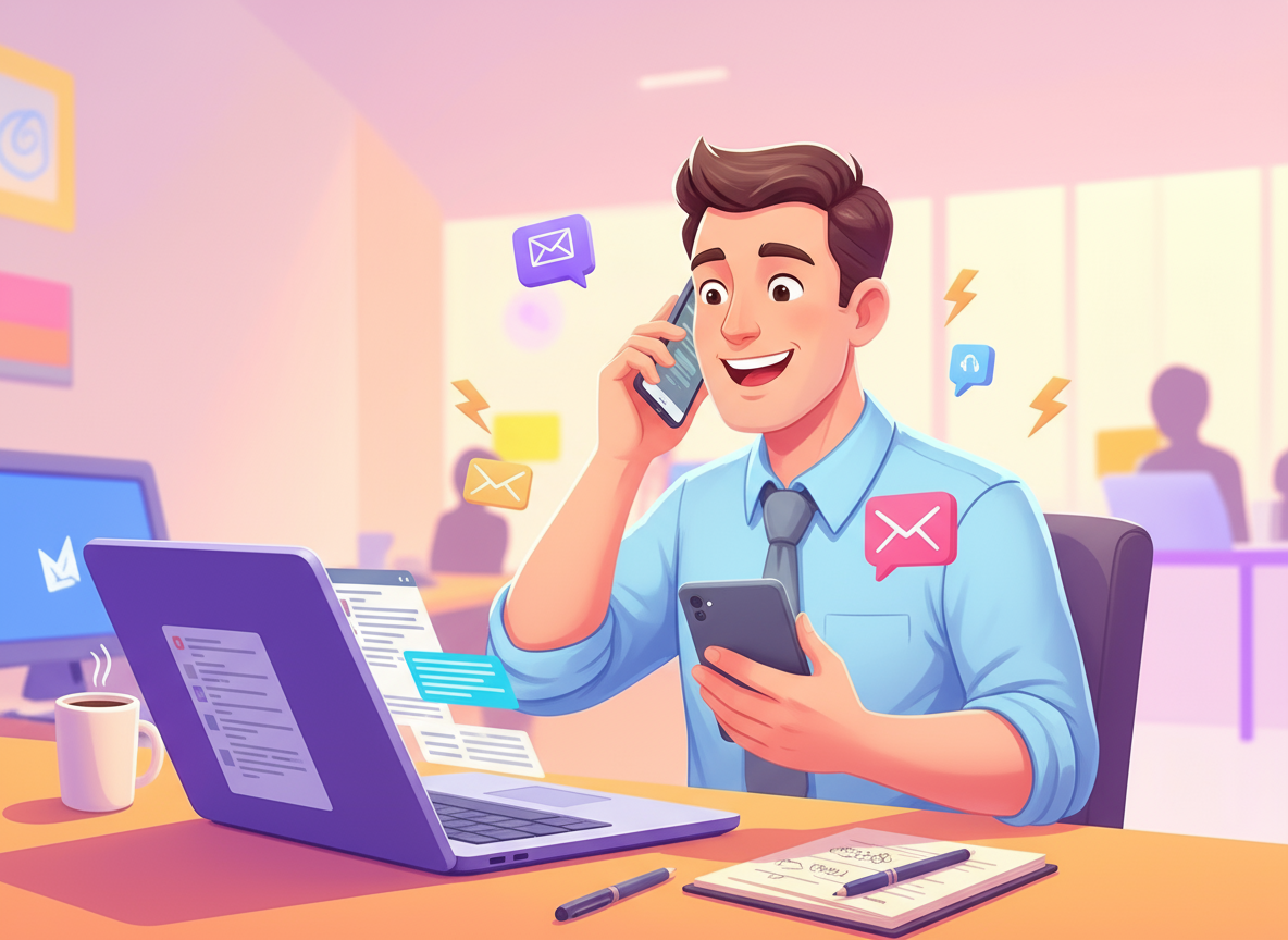 firefly_gemini-flash_generate-an-image-like-above-showing-happy-business-man-on-the-phone-writing-emails-123493 BEAM Automation | How to save time and cost using automation-working smarter, not harder. 